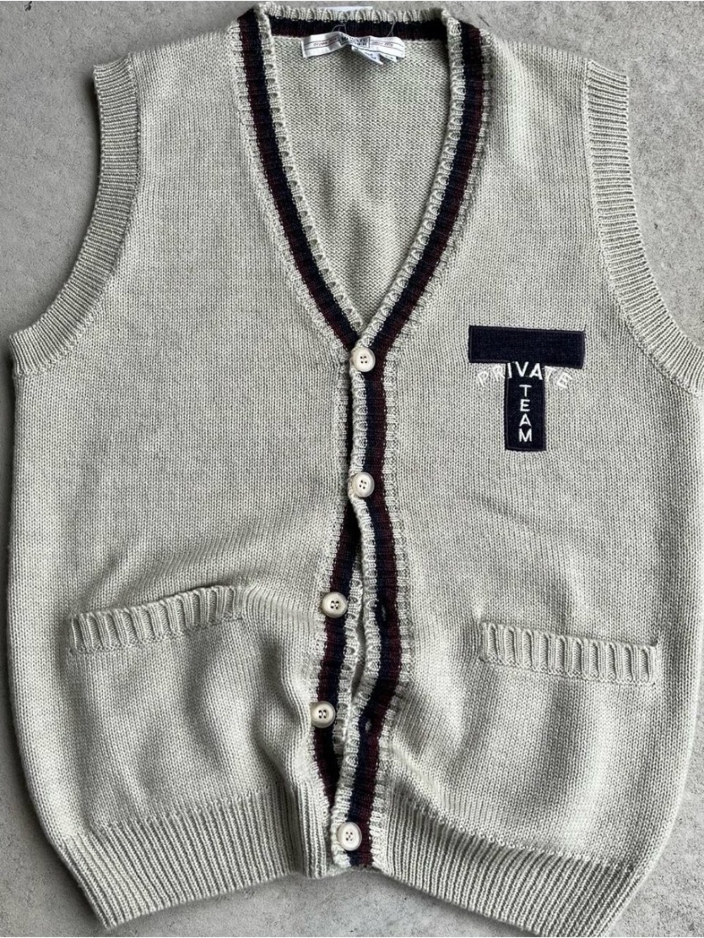 Beige Knit Button-Front Men's Cardigan Vest with Contrast Trim